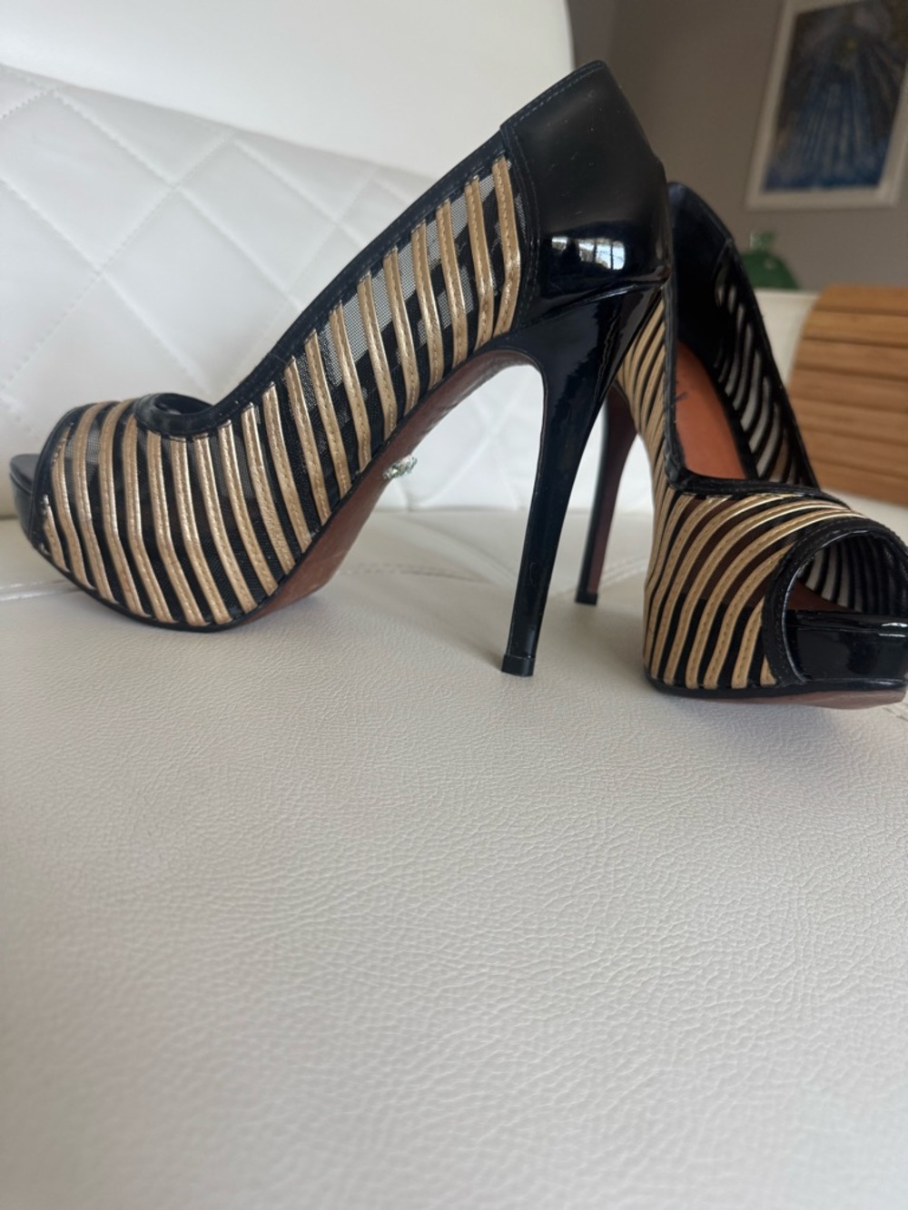 SCHUTZ Black and Gold Striped Patent Peep-Toe Heels